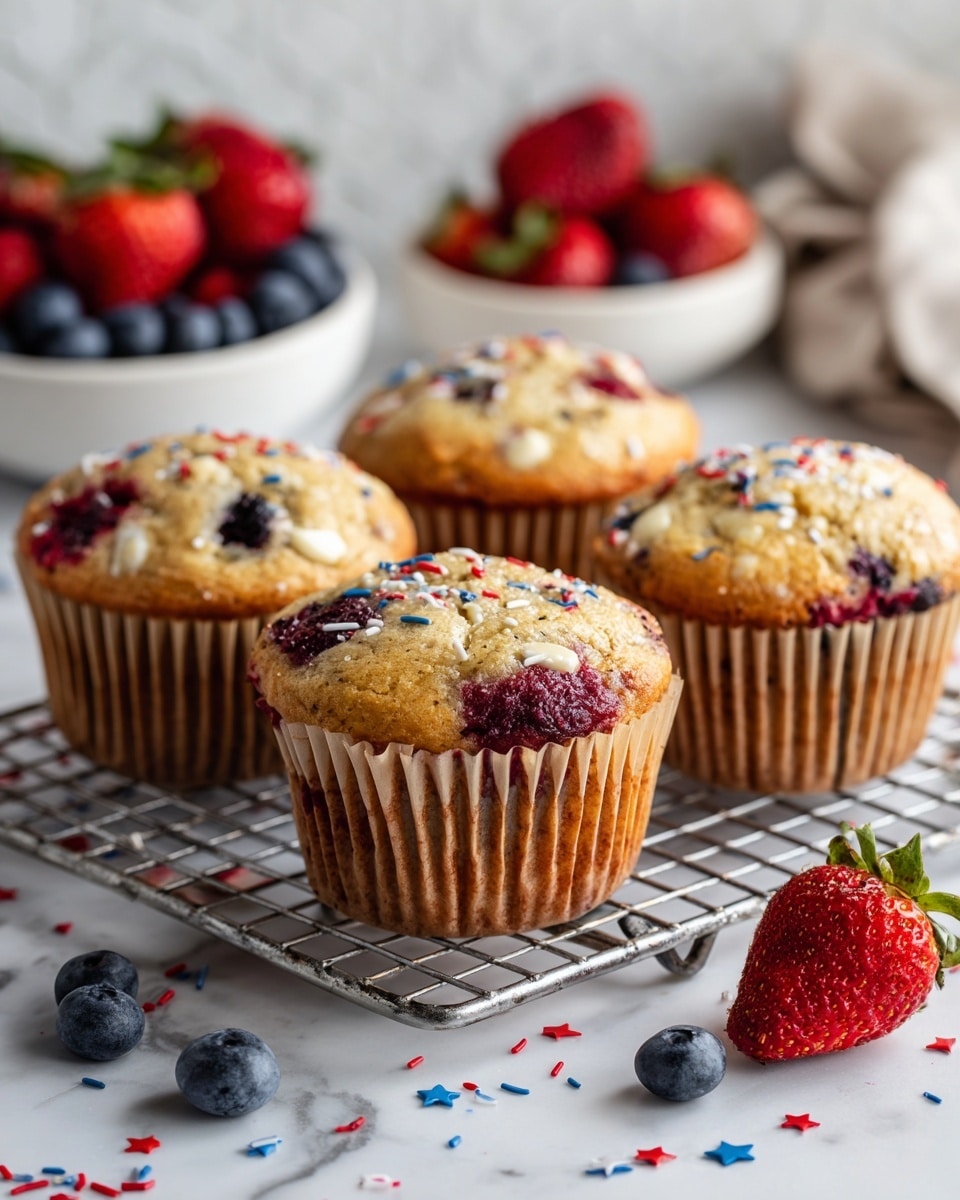 The image shows five golden-brown muffins with visible pieces of red strawberries and dark blueberries baked inside. Each muffin is wrapped in a light brown paper cup and sits on a small silver wire cooling rack. The muffins have a slightly bumpy top textured with fruit bits and small white chocolate chips. Around the rack, there are red, white, and blue star-shaped and rod-shaped sprinkles scattered on a white marbled surface. A fresh red strawberry and two blueberries rest in the foreground, while a white bowl filled with strawberries and blueberries is blurred in the background. Photo taken with an iphone --ar 4:5 --v 7