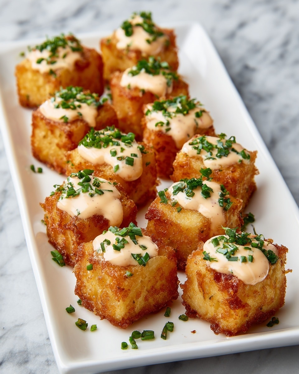 The image shows a white rectangular plate filled with small, square fried tofu cubes stacked in two layers. The tofu cubes are golden brown and crispy on the outside, and each piece is topped with a light beige creamy sauce. Small green chopped herbs are sprinkled over the tofu and sauce, adding a fresh touch. The plate is set on a white marbled surface. Photo taken with an iphone --ar 4:5 --v 7