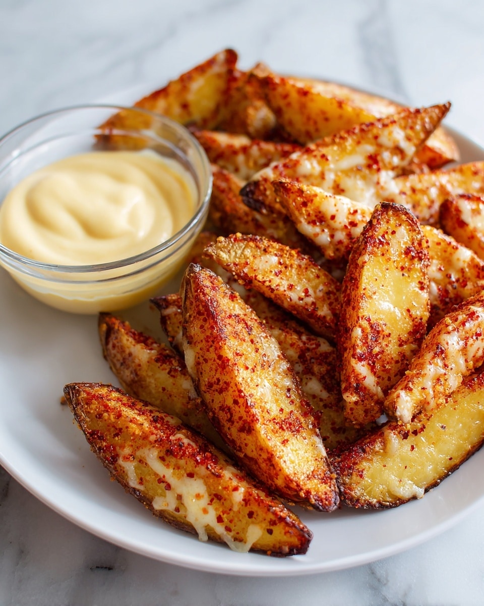 A white plate holds a layer of golden potato wedges, each wedge crispy with a slightly browned texture and sprinkled with red spices. Over the wedges is a melted layer of creamy white cheese that stretches and clings to the edges. On the edge of the plate, a small clear glass bowl contains smooth, pale yellow cheese sauce. The plate is set on a white marbled surface. photo taken with an iphone --ar 4:5 --v 7