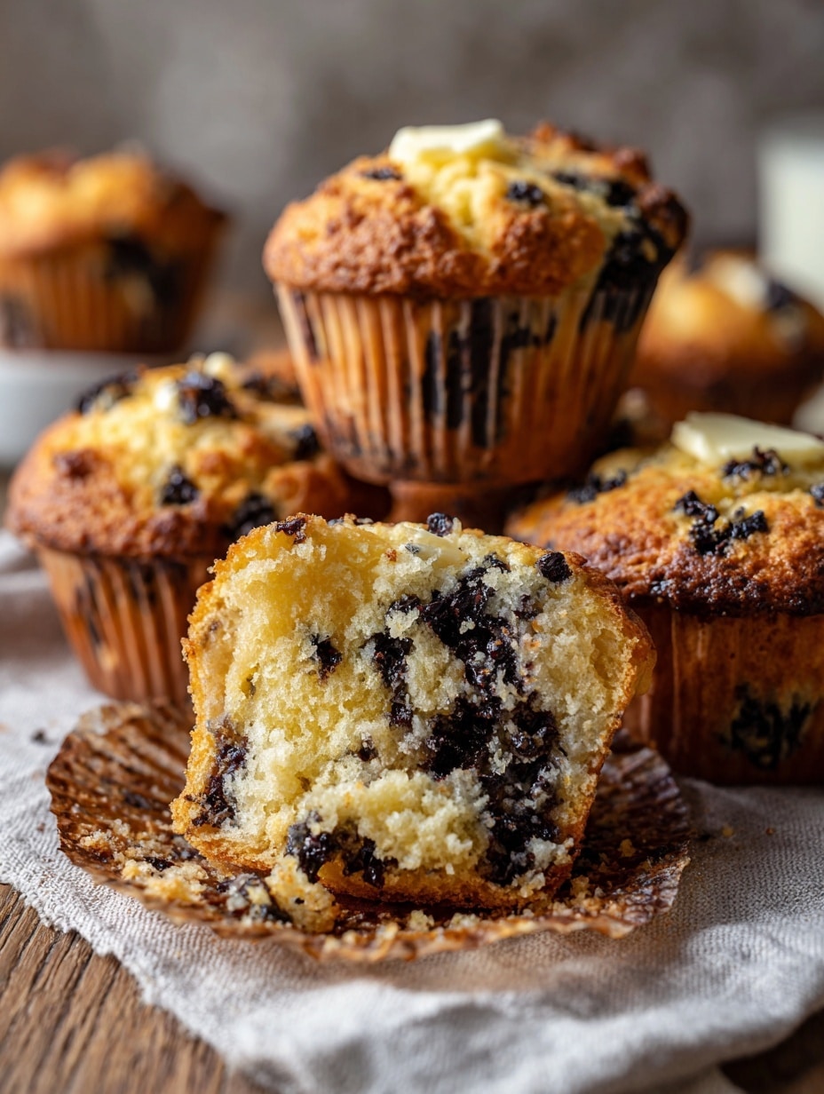 The image shows several muffins with a light golden brown top and specks of dark chocolate chips or currants throughout. One muffin in the center is cut in half, revealing a soft, crumbly inside full of dark bits, with the paper wrapper peeled away at the bottom. Near it, a chunk of the muffin is topped with a thin spread of melting butter, also filled with the dark pieces. The muffins are placed on a rough light cloth on a wooden surface with the background softly blurred, focusing on the texture and color contrast of the muffins. photo taken with an iphone --ar 4:5 --v 7