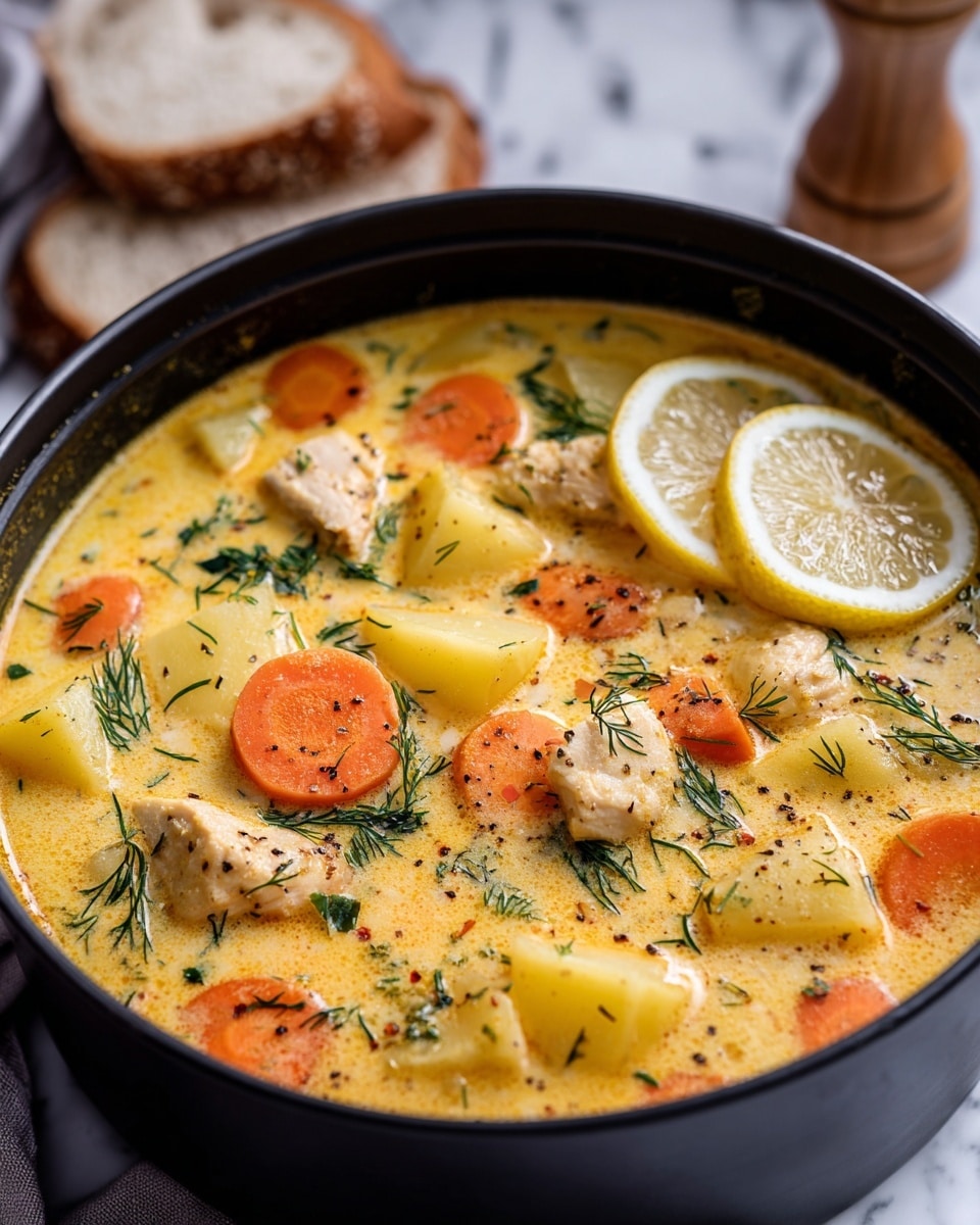 The image shows a close-up view of a creamy soup in a black pot, filled with chunks of light yellow potatoes, round slices of orange carrots, and pieces of white chicken. The soup base is rich and yellow-orange with a smooth texture, topped with small green dill sprigs and cracked black pepper scattered across. Two thin, semicircular lemon slices rest on the right side over the soup surface, adding freshness and color contrast. The pot is placed on a white marbled textured surface with some pieces of bread and parts of white plates visible around. Photo taken with an iphone --ar 4:5 --v 7