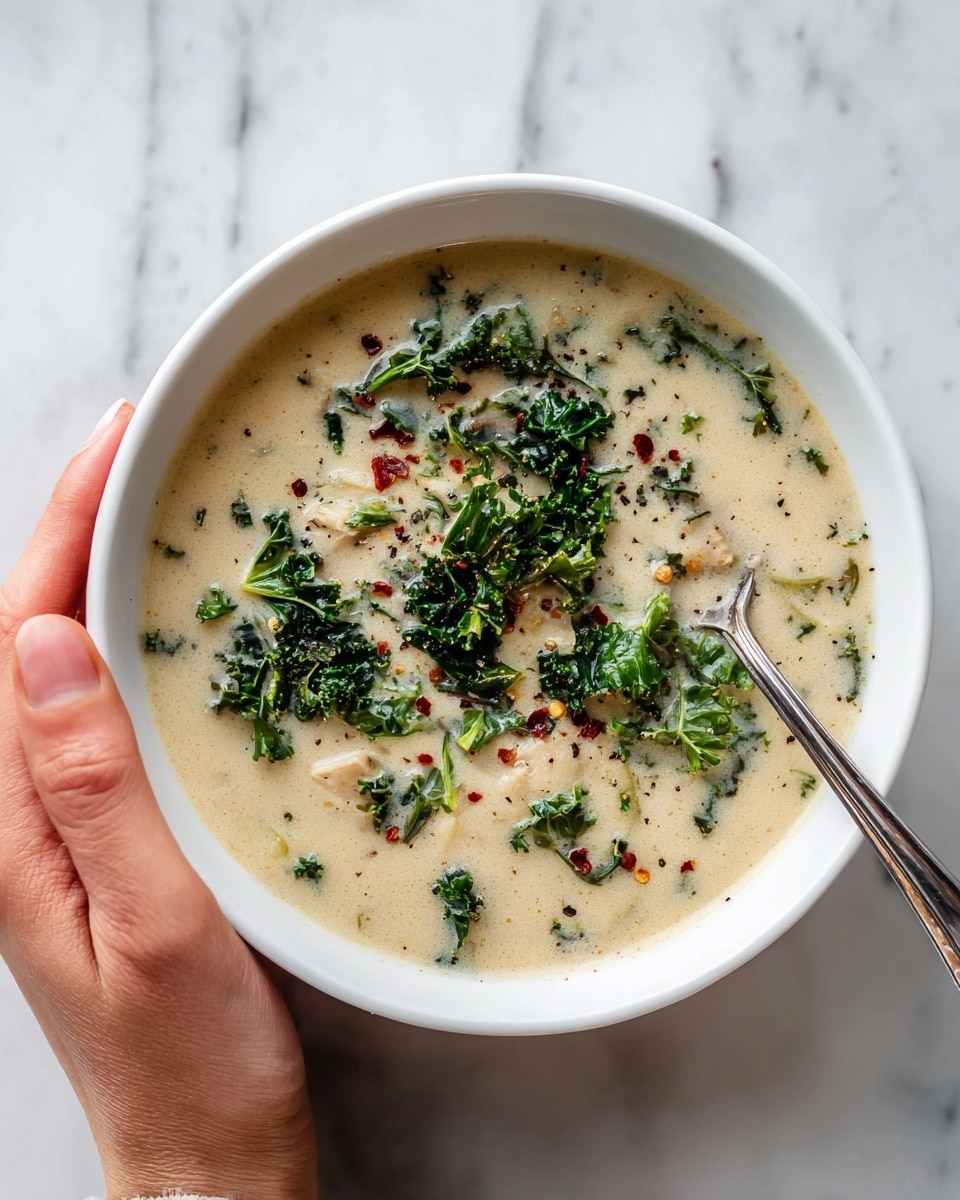 A white bowl filled with creamy soup that has a thick texture and light yellow color with small bits of orange and green vegetables visible throughout. On top, dark green spinach leaves and a sprinkling of black pepper add contrast. A woman's hand is holding the bowl from the side, and a silver spoon with some soup on it rests inside the bowl. The bowl sits on a white marbled surface photo taken with an iphone --ar 4:5 --v 7
