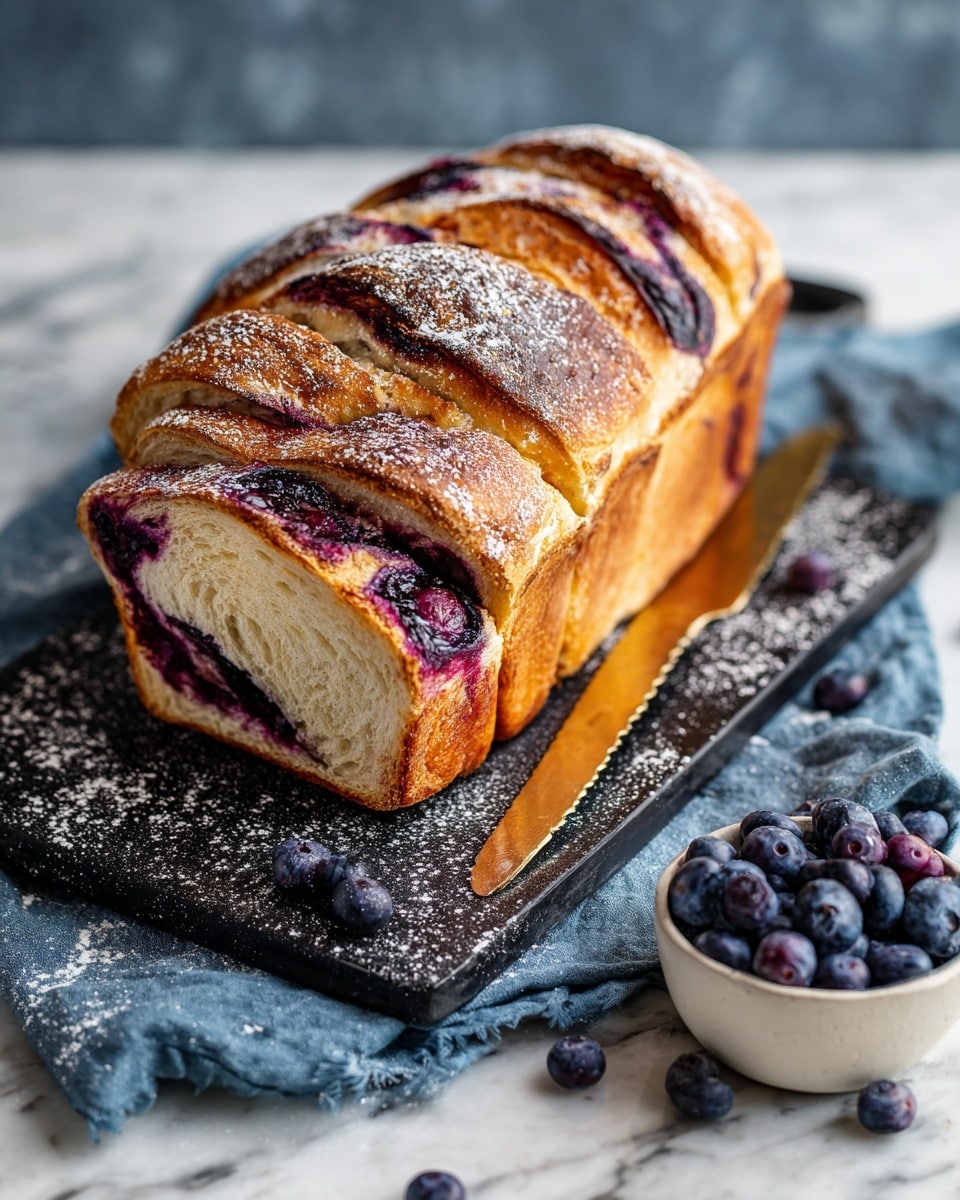 A golden-brown loaf of bread with a rough crust lies on a black cutting board dusted with flour. The bread has two deep purple swirls of what looks like berry filling on its top, with a crispy, browned texture around them. The bread's crust has cracks and a slightly darker edge, showing its crunchy texture. Nearby, there is a small white bowl filled with shiny, dark blueberries, and a gold-colored serrated knife rests near the top edge of the cutting board. The scene is set on a white marble surface with a soft blue-gray cloth underneath the cutting board. photo taken with an iphone --ar 4:5 --v 7