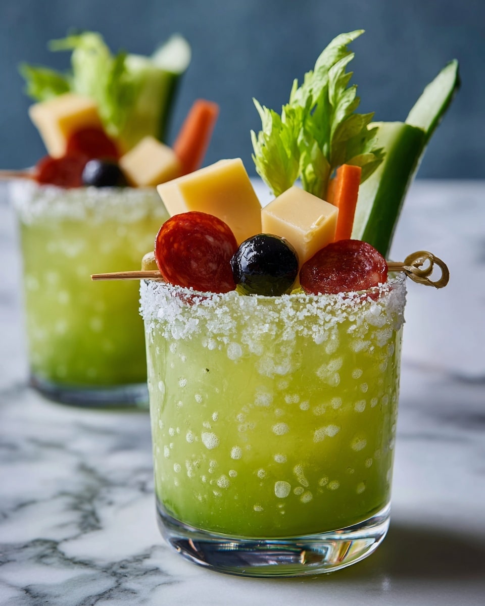 The image shows a clear, textured glass filled with crushed ice and a bright green drink. On top, a thick white salt rim surrounds the glass. A skewer rests on the glass with multiple layers: from left to right, a thick slice of dark green pickle, a small black olive, a pale yellow cube of cheese, and a round, red slice of pepperoni. Behind the skewer, there is a leafy green sprig and a fresh small orange carrot standing upright in the glass. The glass is placed on a white marbled surface, with a blurred green background and another similar drink partly visible behind it. Photo taken with an iphone --ar 4:5 --v 7