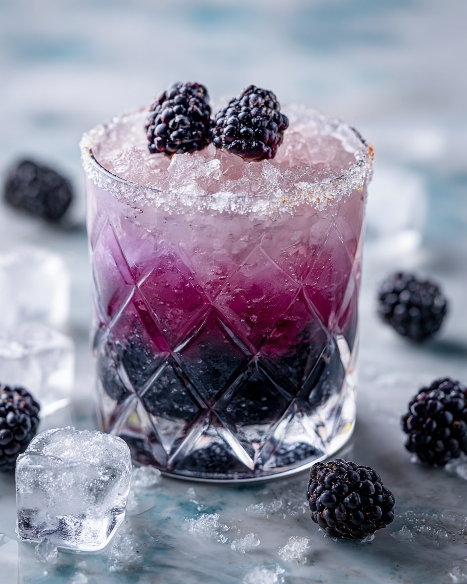 A clear cut glass filled with a layered drink showing a gradient from dark purple at the bottom to light pink at the top, filled with irregular clear ice cubes, a salted rim with large salt crystals, and topped with several whole blackberries, sitting on a white marbled surface scattered with extra blackberries and small ice pieces. photo taken with an iphone --ar 4:5 --v 7