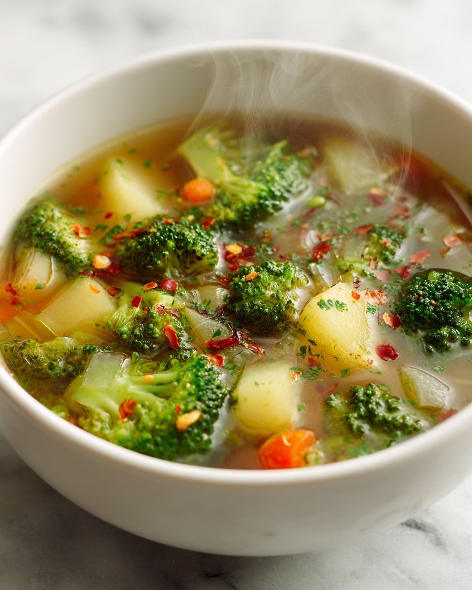 This image shows a close-up view of a white bowl filled with vegetable soup. The soup has a broth base with visible chunks of bright green broccoli florets, light yellow potato cubes, and small pieces of orange carrot. There are tiny bits of green herbs sprinkled on top, along with red chili flakes, adding a mix of green and red colors to the surface. The broth looks clear with some oil or seasoning floating, and the vegetables have a soft but fresh texture. The bowl is placed on a white marbled surface. photo taken with an iphone --ar 4:5 --v 7