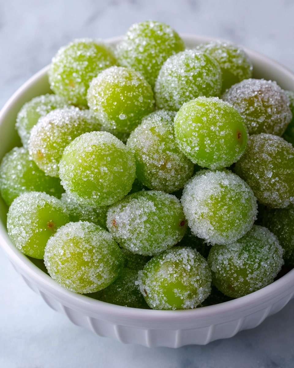 A white bowl is filled with many small, round green grapes covered evenly in a sparkling layer of coarse white sugar crystals, which gives them a frosted look. The grapes are tightly packed and show their smooth skins beneath the sugar, with the sugar clustering more thickly in some spots. The bowl rests on a white marbled surface that softly reflects light, adding a clean and fresh feel to the image. photo taken with an iphone --ar 4:5 --v 7