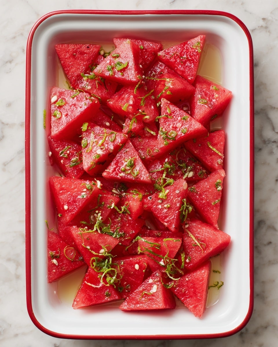 A white enamel tray with a thin red rim is filled with evenly cut watermelon triangles that have a bright red, juicy texture. The watermelon pieces are garnished with thin green lime zest strips and finely chopped fresh green herbs scattered on top, along with small black pepper flakes for contrast. The tray sits on a white marbled surface, enhancing the vibrant colors of the fruit and garnish. photo taken with an iphone --ar 4:5 --v 7