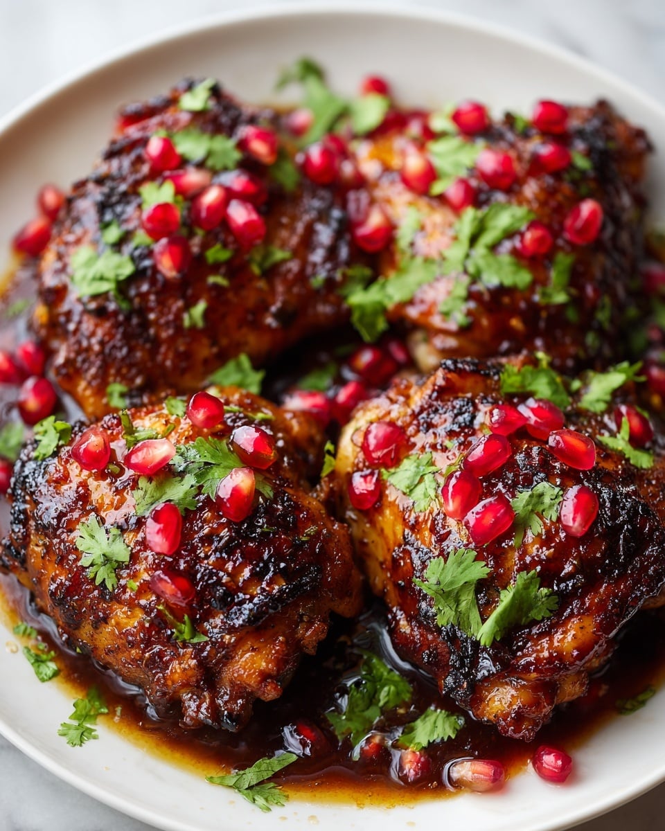 The image shows four browned pieces of chicken thighs arranged closely on a white plate. Each piece is covered in a glossy dark sauce with visible charred spots. Bright red pomegranate seeds are sprinkled on top of the chicken, adding color contrast, along with fresh green cilantro leaves scattered evenly over the dish. The sauce pools slightly around the meat on the plate, enhancing the rich, shiny look. The background is a white marbled surface. photo taken with an iphone --ar 4:5 --v 7