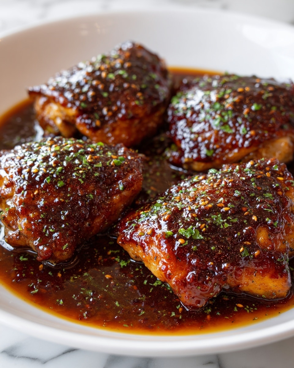 Five pieces of cooked chicken thighs with a shiny brown glaze sit closely together on a white plate. Each piece is covered with small herbs and black pepperflakes, adding texture and green and black specks on the glossy surface. The chicken is thick and juicy with a golden-brown color, sitting in a shallow pool of amber sauce. The edges of the chicken pieces are slightly curved, giving a sense of their softness. The white plate rests on a white marbled surface. photo taken with an iphone --ar 4:5 --v 7