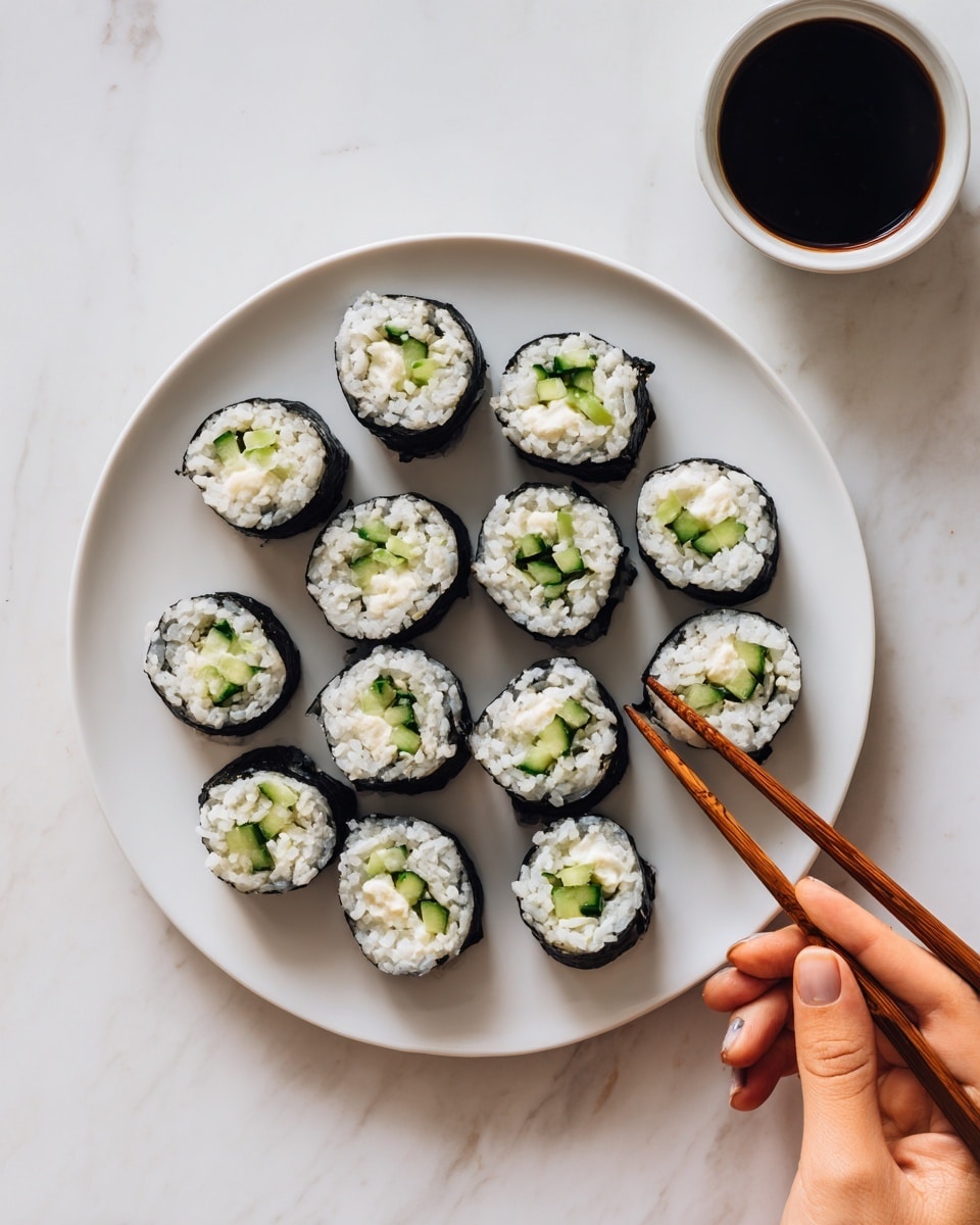 A white round plate holds twelve sushi rolls arranged in a loose circle. Each roll has a thin outer layer of black seaweed, filled with white rice and a mix of light green cucumber and dark green seaweed inside. The sushi pieces are evenly cut, showing the contrasting colors clearly. To the right of the plate, a pair of wooden chopsticks rests on the white marbled surface, and a white cup filled with dark soy sauce sits above the plate. A woman's hand is seen holding one chopstick near the base of the image. Photo taken with an iphone --ar 4:5 --v 7