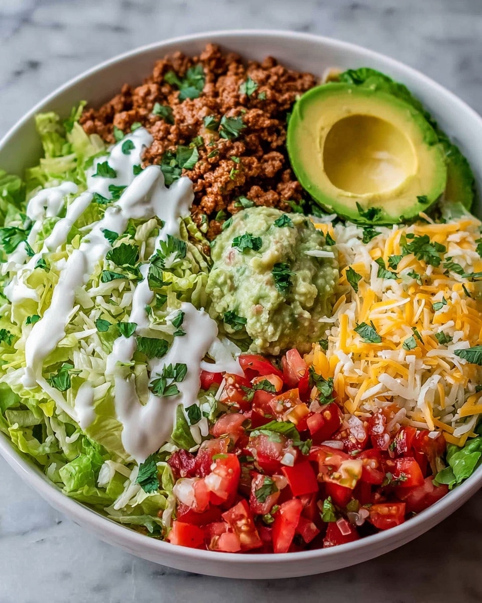 A white bowl filled with layered ingredients starting with chopped lettuce at the bottom left, minced cooked ground meat topped with fresh cilantro in the top left, a small mound of guacamole in the top center right, and sliced avocado to the far top right. The middle section has shredded yellow cheese sprinkled with white crumbled cheese, with diced fresh red tomatoes mixed with cilantro on the bottom right. White sauce is drizzled over the lettuce, cheese, and tomatoes, adding a creamy texture to the colorful fresh ingredients. The bowl is placed on a white marbled surface. Photo taken with an iphone --ar 4:5 --v 7