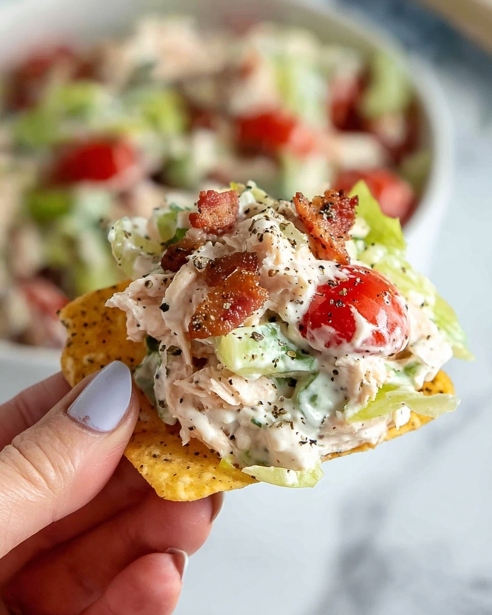 A close-up of a woman's hand holding a single round yellow tortilla chip topped with a mixed dip containing four main visible layers: creamy white chicken salad with black pepper flecks and shredded texture as the base; small green leafy pieces and diced cucumber chunks adding a fresh light green layer; bright red cherry tomato halves providing a juicy pop of color; and small bits of crispy brown bacon scattered on top. The chip is held above a white marbled surface, with a blurred glass dish of the same dip in the background. Photo taken with an iphone --ar 4:5 --v 7