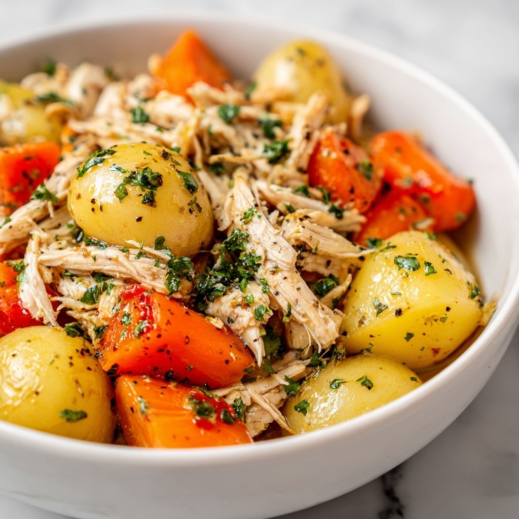 A close-up of a dish showing shredded chicken mixed with small yellow and red potatoes and large carrot pieces. The chicken is tender with green herb bits spread all over, giving a fresh look. The potatoes are smooth and shiny, with the yellow ones on top and red ones around the edges. The carrots are bright orange and cut into thick slices. All the ingredients are in a white bowl placed on a white marbled surface. photo taken with an iphone --ar 4:5 --v 7