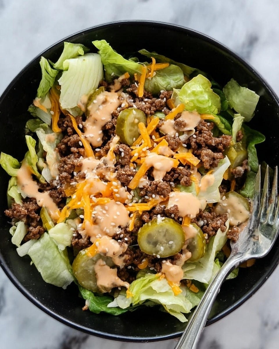 A black bowl filled with a layered salad sits on a white marbled surface. The bottom layer is green lettuce leaves, topped with crumbled brown cooked ground meat. On top of the meat is a layer of shredded bright orange cheddar cheese, scattered with small pieces of white onion. There are round green pickle slices spread evenly over the bowl. The entire dish is drizzled with a creamy, light pink sauce. A silver fork is partially visible resting inside the bowl. Photo taken with an iphone --ar 4:5 --v 7