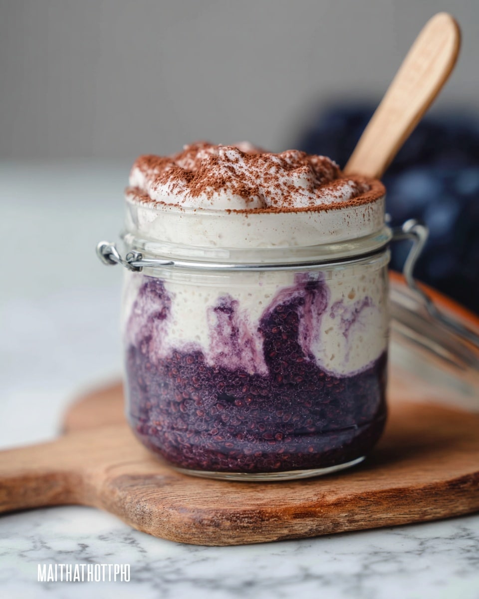 A clear glass jar with a metal clasp is filled with three visible layers: the bottom layer is a dark purple chia seed mixture with small visible seeds, the middle layer is creamy white yogurt blending slightly into the purple layer above, creating a marbled effect, and the top layer is fluffy whipped cream sprinkled with a fine dusting of brown cocoa powder. A wooden spoon is placed inside the jar, resting on the whipped cream. The jar sits on a round wooden board with a white marbled texture background. photo taken with an iphone --ar 4:5 --v 7