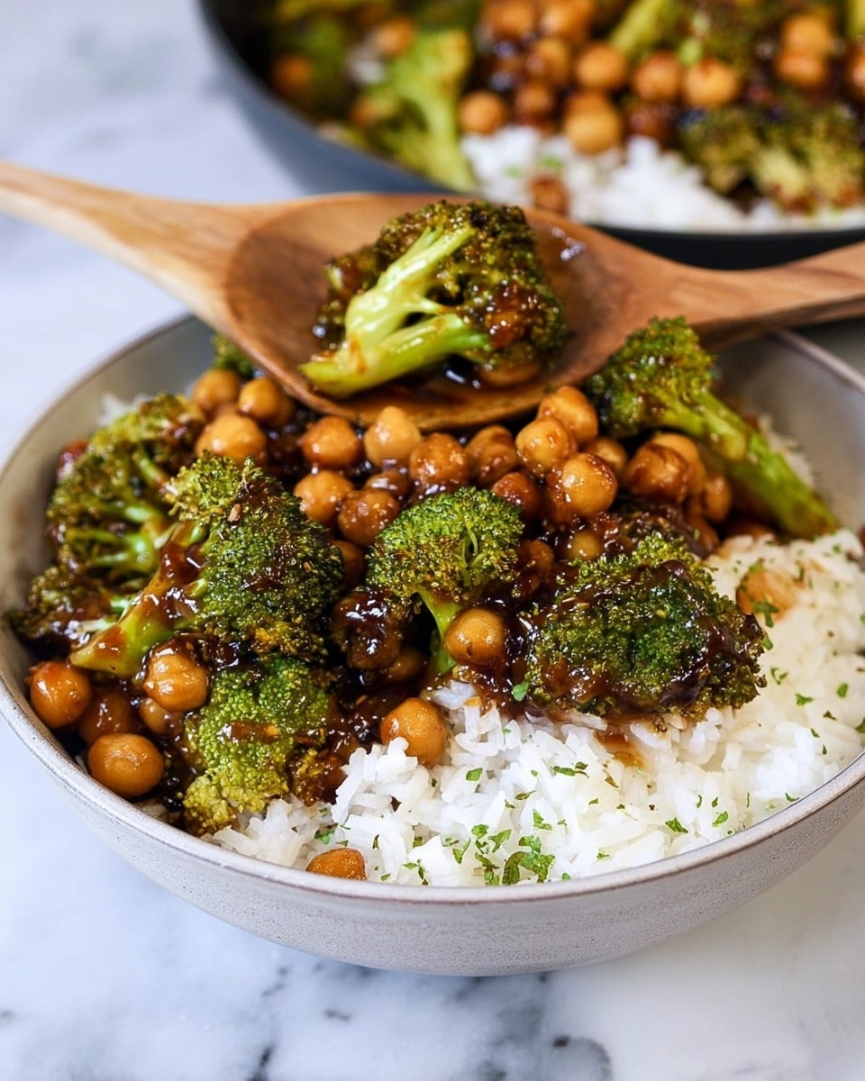A white speckled bowl filled with two main layers, the bottom layer is white rice with small green chive pieces scattered on top, adding a touch of color and texture. The top layer consists of cooked broccoli florets, bright green and slightly glossy, mixed with golden-brown chickpeas coated in a dark, thick sauce that looks sticky and flavorful. A wooden spoon is partially submerged inside the bowl, touching the rice and chickpeas evenly. The bowl sits on a white marbled surface, and in the blurred background, there is a black pan with more of the chickpea and broccoli mix. Photo taken with an iphone --ar 4:5 --v 7