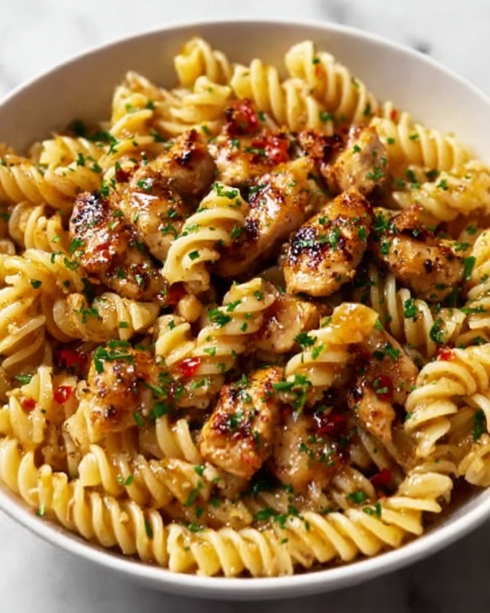 The image shows a white bowl full of spiral-shaped rotini pasta. On top and mixed in are pieces of grilled chicken with a golden brown color and lightly charred spots, giving a crispy texture. There are small bits of red, possibly sun-dried tomatoes or red peppers, adding bright color contrasts against the pale yellow pasta. Sprinkles of finely chopped green herbs are scattered over the dish, giving it a fresh look. The pasta and chicken have a glossy appearance, showing they are coated lightly in oil or sauce. The bowl is set on a white marbled surface. Photo taken with an iphone --ar 4:5 --v 7