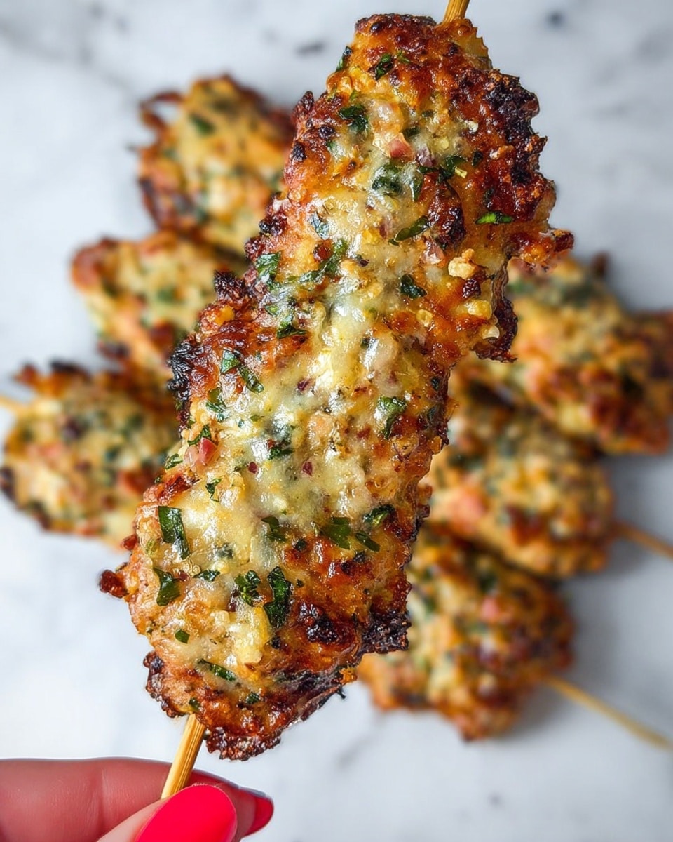 The image shows three golden brown, crispy chicken skewers lying on a white marbled surface, with one skewer held close to the camera by a woman's hand with red nail polish, highlighting the detailed texture. Each skewer is topped with a thick, uneven layer of melted cheese mixed with finely chopped green herbs and small bits of red chili flakes, sprinkled with grated pale yellow cheese, giving a slightly crusty and bubbly look. The chicken beneath is well-cooked with a crunchy, browned edge, and the wooden skewers peek out from the top and bottom. The background is softly blurred to focus on the skewer in the woman’s hand, making the colors of the herbs and cheese stand out vividly photo taken with an iphone --ar 4:5 --v 7