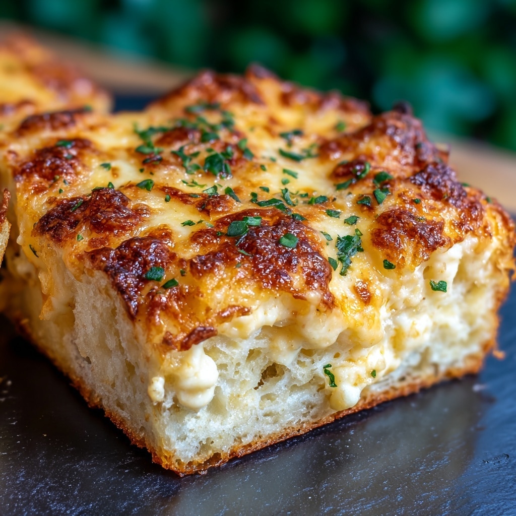 A close-up image of a rectangular puff pastry tart with a thick, golden-brown crust at the bottom layer. On top, there is a bubbling layer of melted cheese that is creamy white with golden-brown spots from baking. Small green herb pieces are sprinkled evenly across the cheesy layer, adding bright color and texture. The tart sits on a dark wooden surface with a white marbled background behind it. Photo taken with an iphone --ar 4:5 --v 7