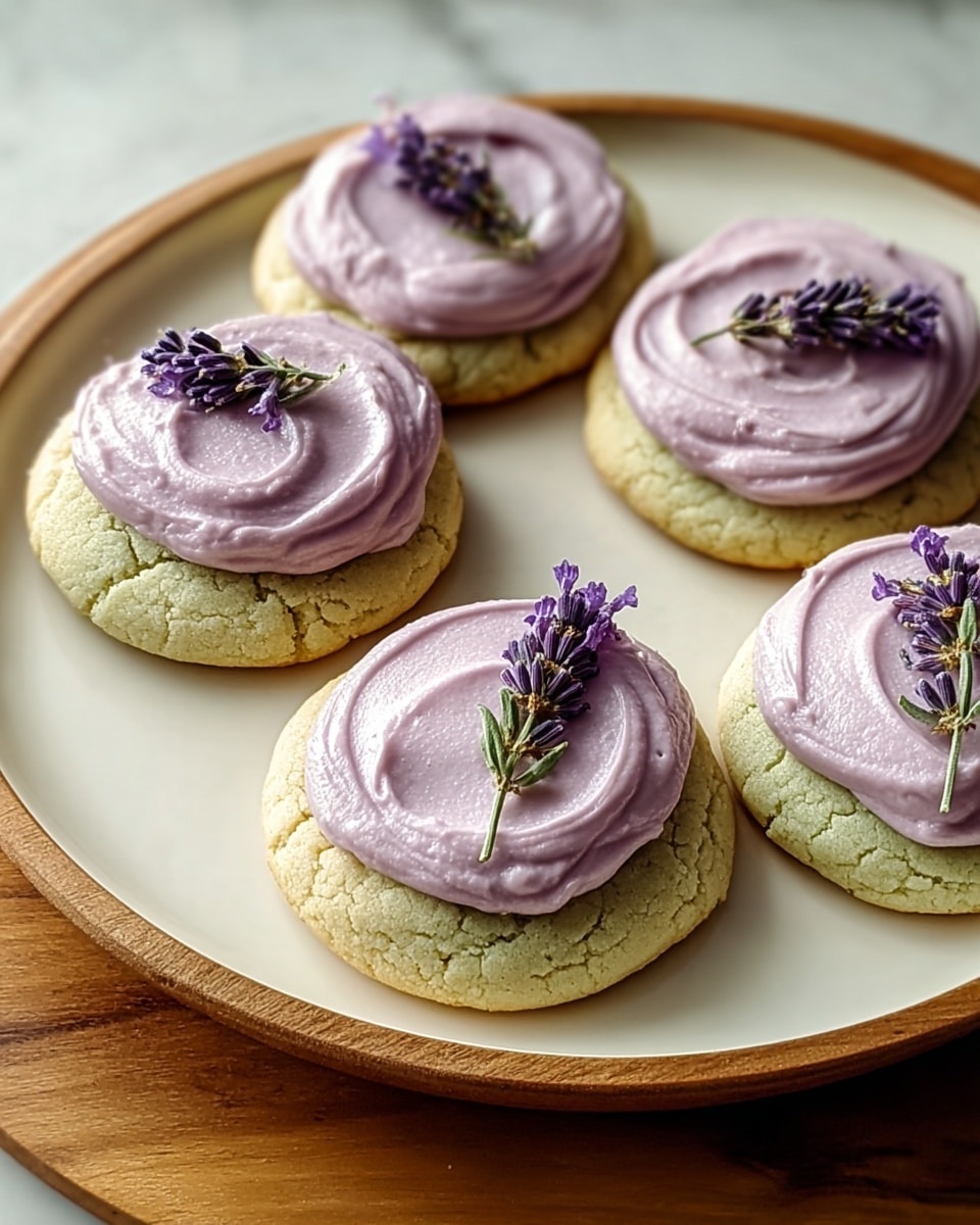 Five cookies sit on a round white plate with a wooden rim, arranged closely together. Each cookie has a thick, cracked, pale green base layer, topped with a smooth, light purple frosting spread in a circular shape with soft swirls. On top of each frosting layer, there is a small bunch of tiny purple lavender flowers, adding texture and color contrast. The plate rests on a white marbled texture surface with soft natural light creating gentle shadows. photo taken with an iphone --ar 4:5 --v 7