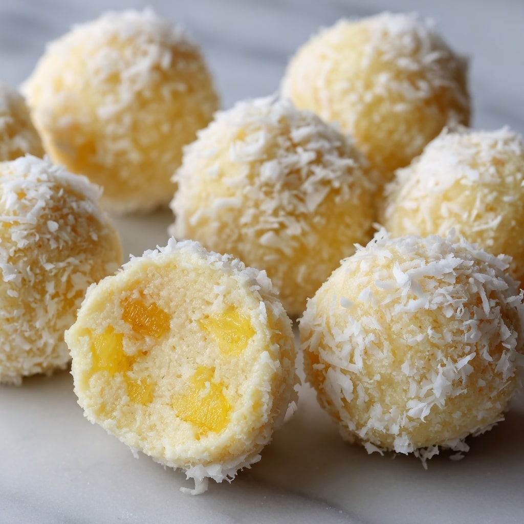 The image shows round coconut balls with a light yellow and creamy texture, speckled with small chunks of bright yellow pineapple inside. The outside layer is coated with white coconut flakes giving a rough, flaky surface. One coconut ball is cut in half and positioned on top of the others, showing the soft, moist inside with visible pineapple pieces. The coconut balls are closely packed together on a white marbled surface. photo taken with an iphone --ar 4:5 --v 7