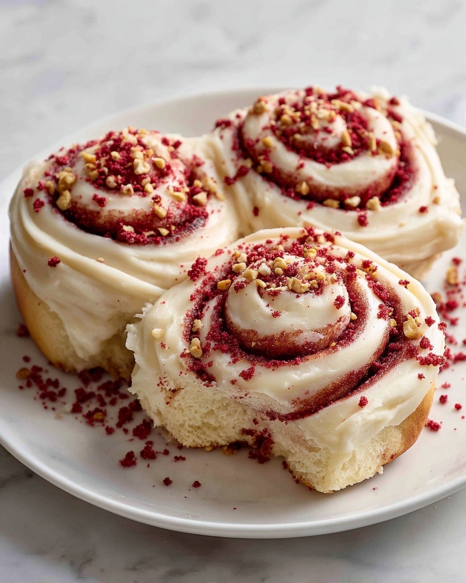 The image shows three cinnamon rolls on a white plate, each topped with a thick layer of creamy white frosting that swirls in a spiral pattern. The rolls have a red and light beige marbled dough with a soft, fluffy texture. The frosting is sprinkled with crushed red velvet crumbs and finely chopped nuts, adding a crumbly texture and a pop of color on top. One roll is bitten into, revealing the soft, airy inside and the swirl pattern of red and beige dough. The white plate sits on a surface with a white marbled texture. photo taken with an iphone --ar 4:5 --v 7