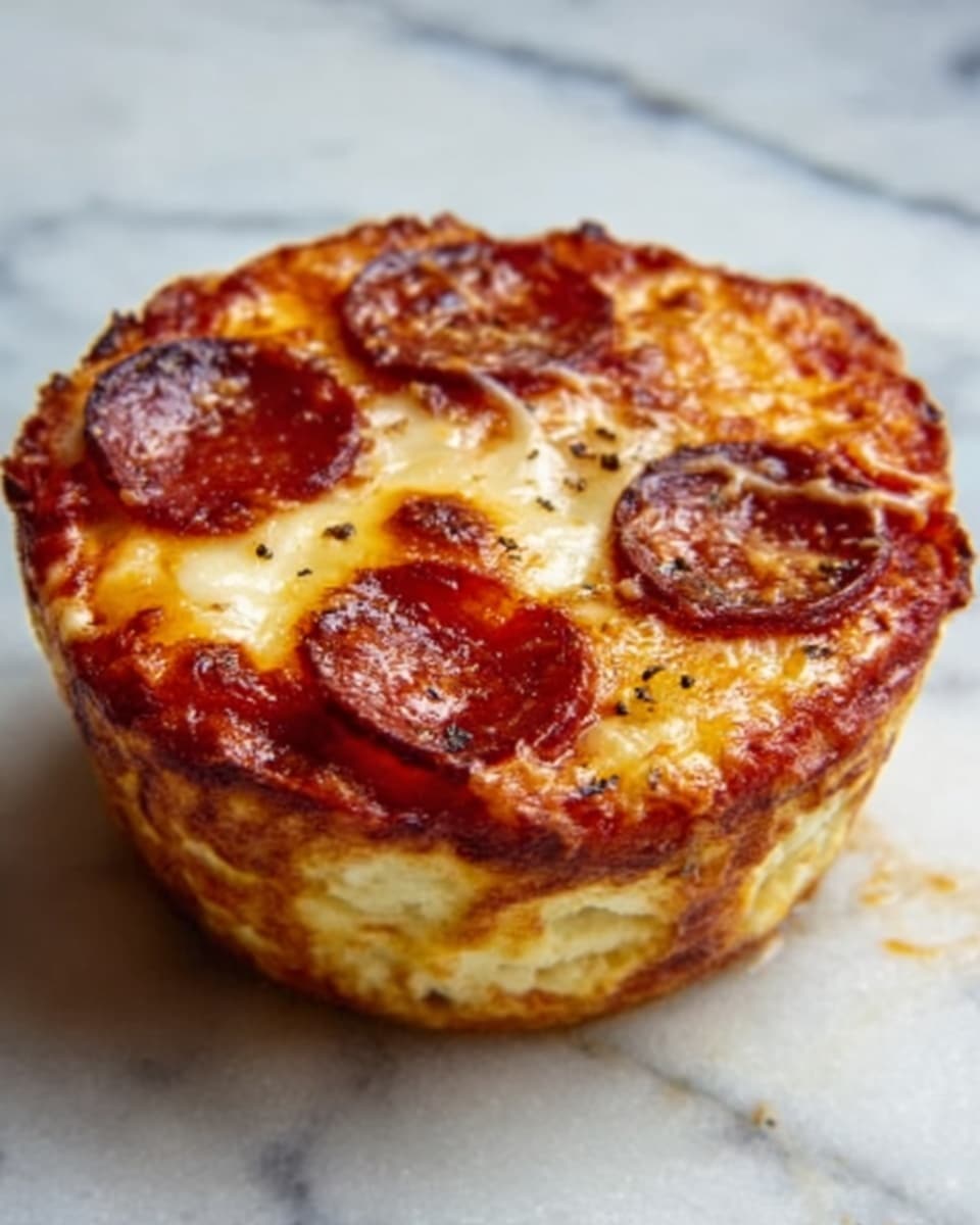 A tall, round mini deep-dish pizza sits on a white marble surface, with a thick golden-brown crust forming the base and edges. The top shows a glossy layer of melted cheese, slightly browned in spots, scattered with dark red pepperoni slices. Tiny green herbs are sprinkled on the cheese, adding color and texture. The pizza looks thick and hearty, with the cheese and toppings slightly bubbling near the crust edges. Photo taken with an iphone --ar 4:5 --v 7