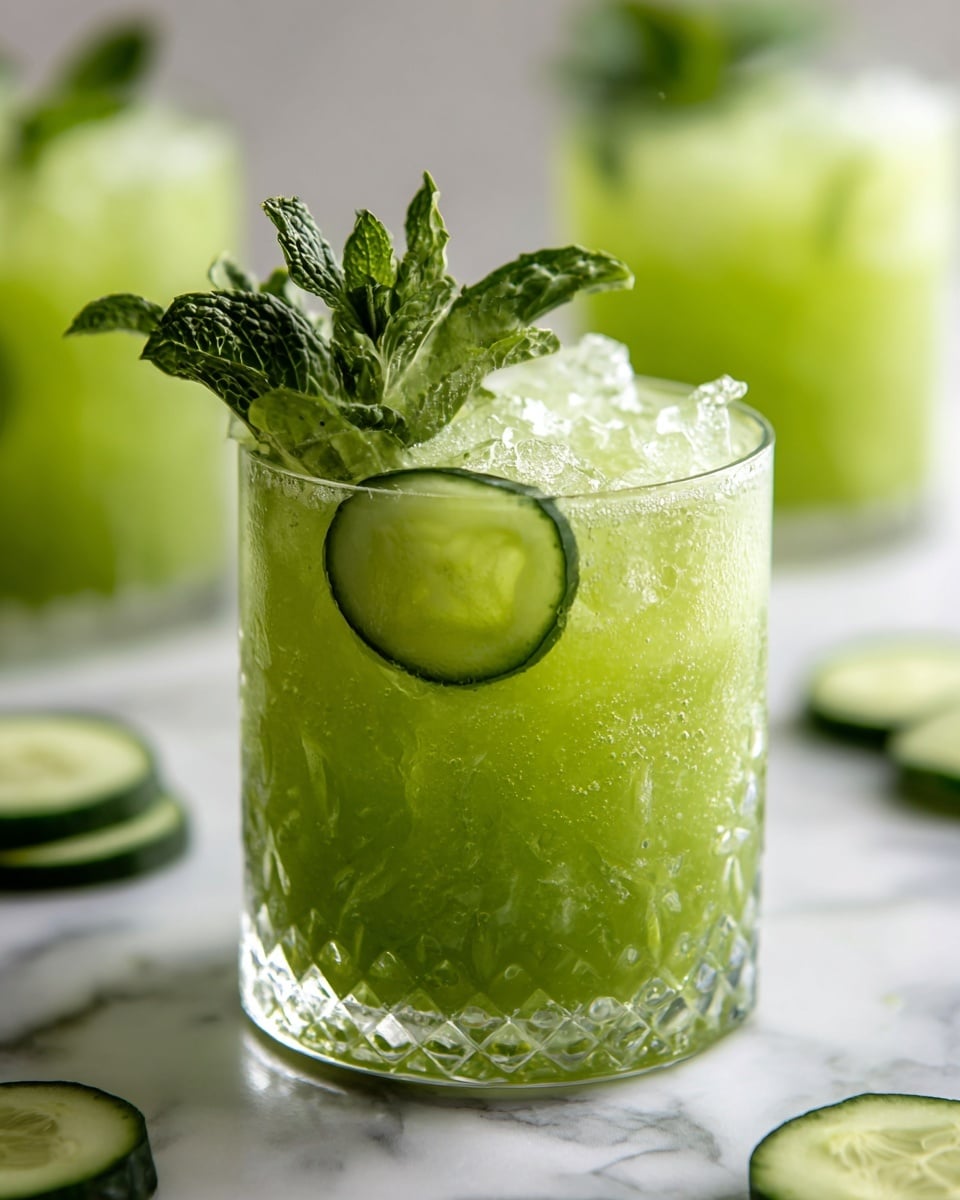 A short clear glass with a patterned texture is filled with a light green drink and ice cubes. On top of the drink, there is a dark green cucumber slice placed vertically on the glass rim and a small fresh mint leaf sticking out beside it. The background shows more similar glasses with the same green drink slightly out of focus, all set on a white marbled surface with some cucumber slices scattered around. photo taken with an iphone --ar 4:5 --v 7
