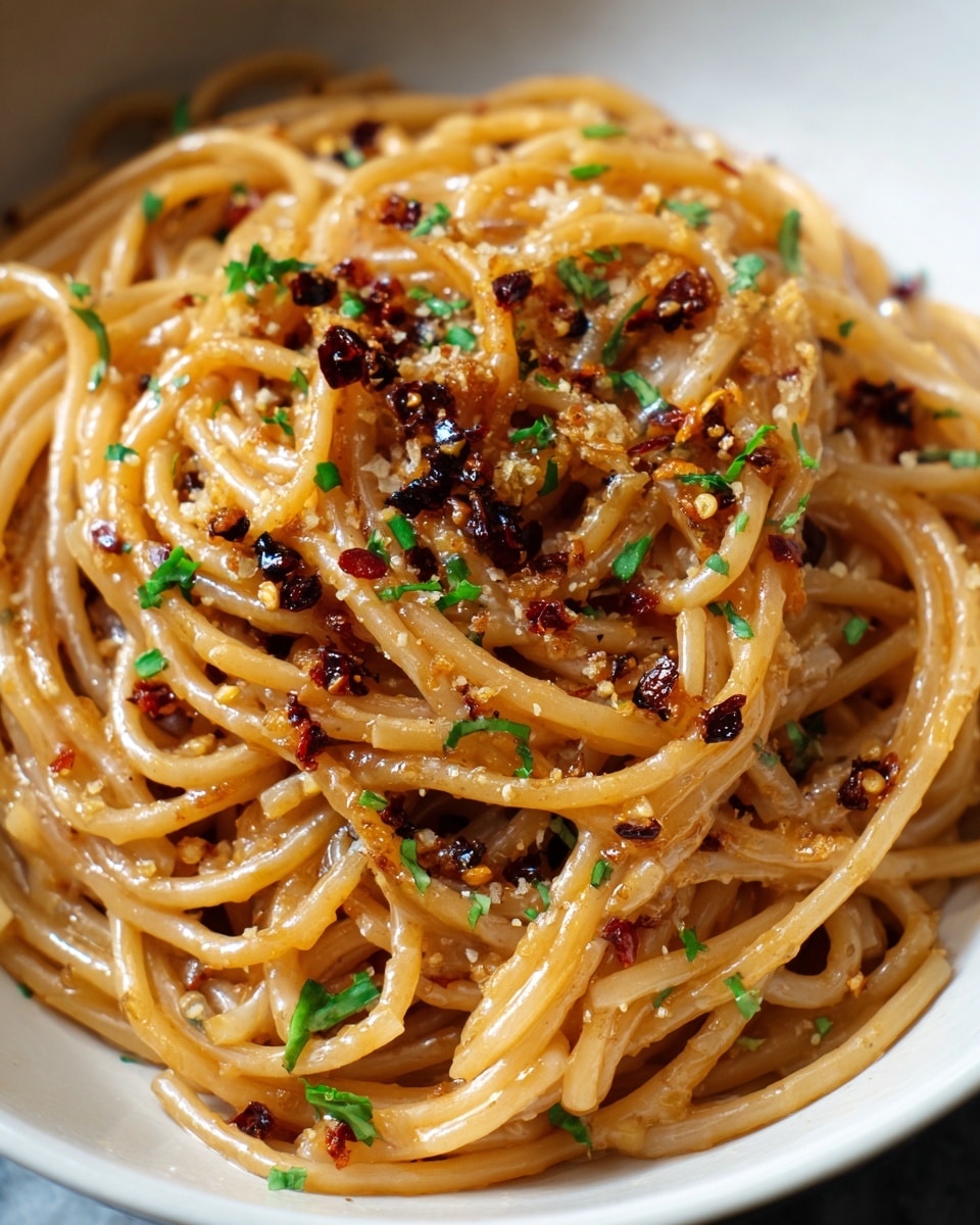 A close-up view of a plate showing one main layer of glossy, slightly oily spaghetti noodles in a white bowl, coated lightly with a golden-brown garlic oil sauce. On top of the noodles, small pieces of dark golden-brown toasted garlic and chili flakes are scattered evenly, along with tiny green herb bits, adding color contrast. The texture of the pasta is smooth and slightly tangled, while the garlic toppings give a crispy, crumbly look. The whole dish sits on a white marbled surface. Photo taken with an iphone --ar 4:5 --v 7