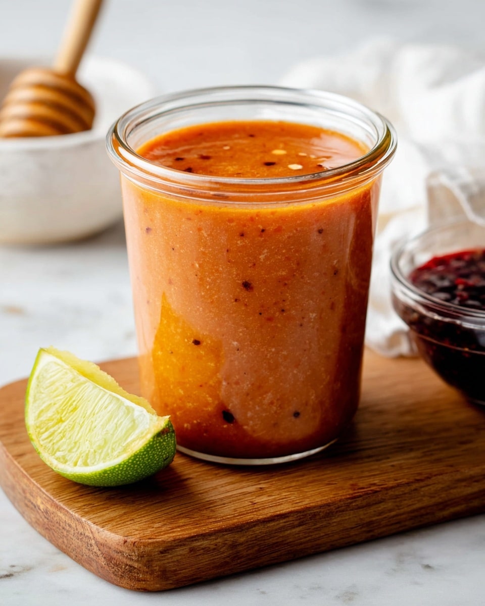 A clear glass jar filled with a smooth, thick sauce showing a blend of orange and reddish hues with visible tiny black specks, sitting on a wooden board; in front of the jar are two lime wedges with a light green color, and in the blurry background, there are off-white and clear bowls with contents that are out of focus, all set against a white marbled surface. photo taken with an iphone --ar 4:5 --v 7