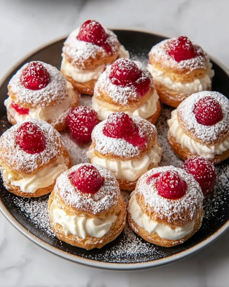 A white plate filled with nine small round pastries arranged closely in a circle. Each pastry has a golden-brown base layer with a slightly crispy texture, topped with a thick layer of smooth white cream, and crowned with a bright red raspberry in the center. The pastries are dusted lightly with white powdered sugar, which is also scattered on the white marbled surface below the plate. The image is sharp and well-lit, showing details of the cream and the berries clearly. Photo taken with an iphone --ar 4:5 --v 7