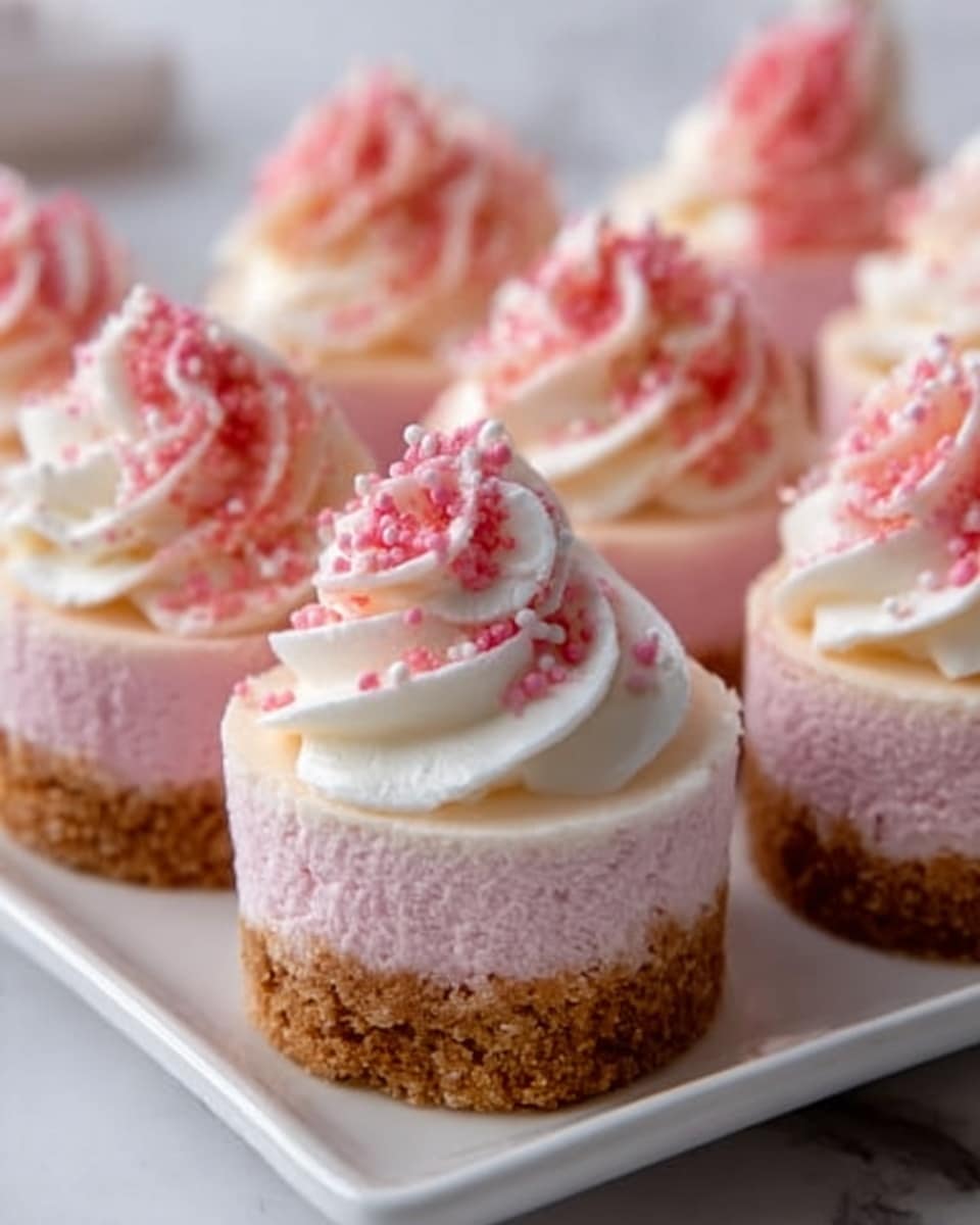 The image shows mini cheesecakes arranged neatly on a white plate set on a white marbled surface. Each cheesecake has three visible layers: the bottom layer is a crumbly, brown crust; the middle layer is a smooth, light pink cheesecake filling; the top layer is a swirl of white whipped cream with pink sprinkles scattered over it. The cheesecakes are close to each other, creating a neat, inviting presentation. photo taken with an iphone --ar 4:5 --v 7
