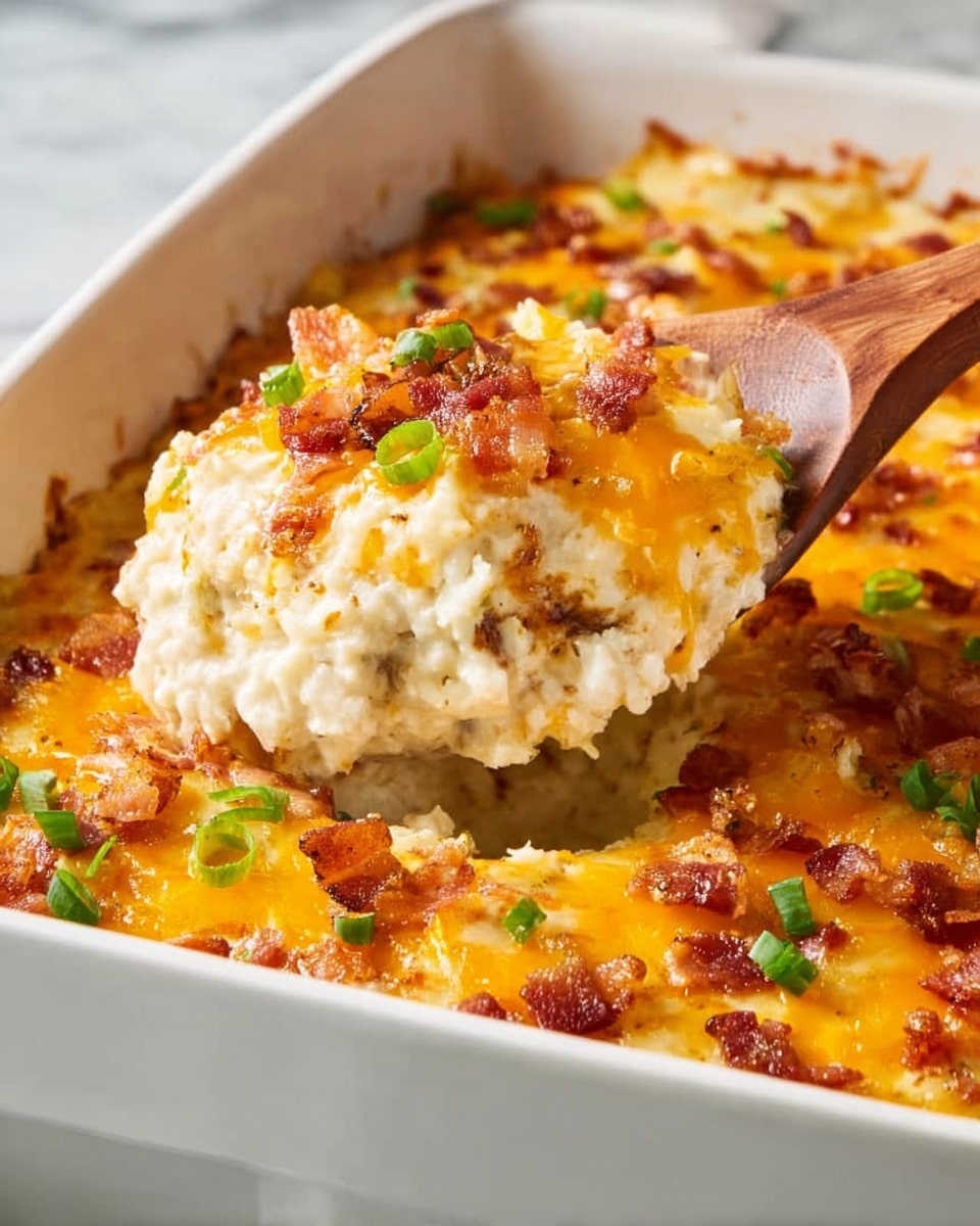 A white baking dish is filled with a layered casserole showing a creamy, light beige base mixed with small bits of green herbs and browned crispy bacon pieces, topped with melted orange cheddar cheese that has a slightly bubbly and golden texture. The casserole has visible chunks throughout, and a wooden spoon scoops a portion, revealing the creamy inside with more cheese and bacon. The surface beneath the dish is a white marbled texture. photo taken with an iphone --ar 4:5 --v 7