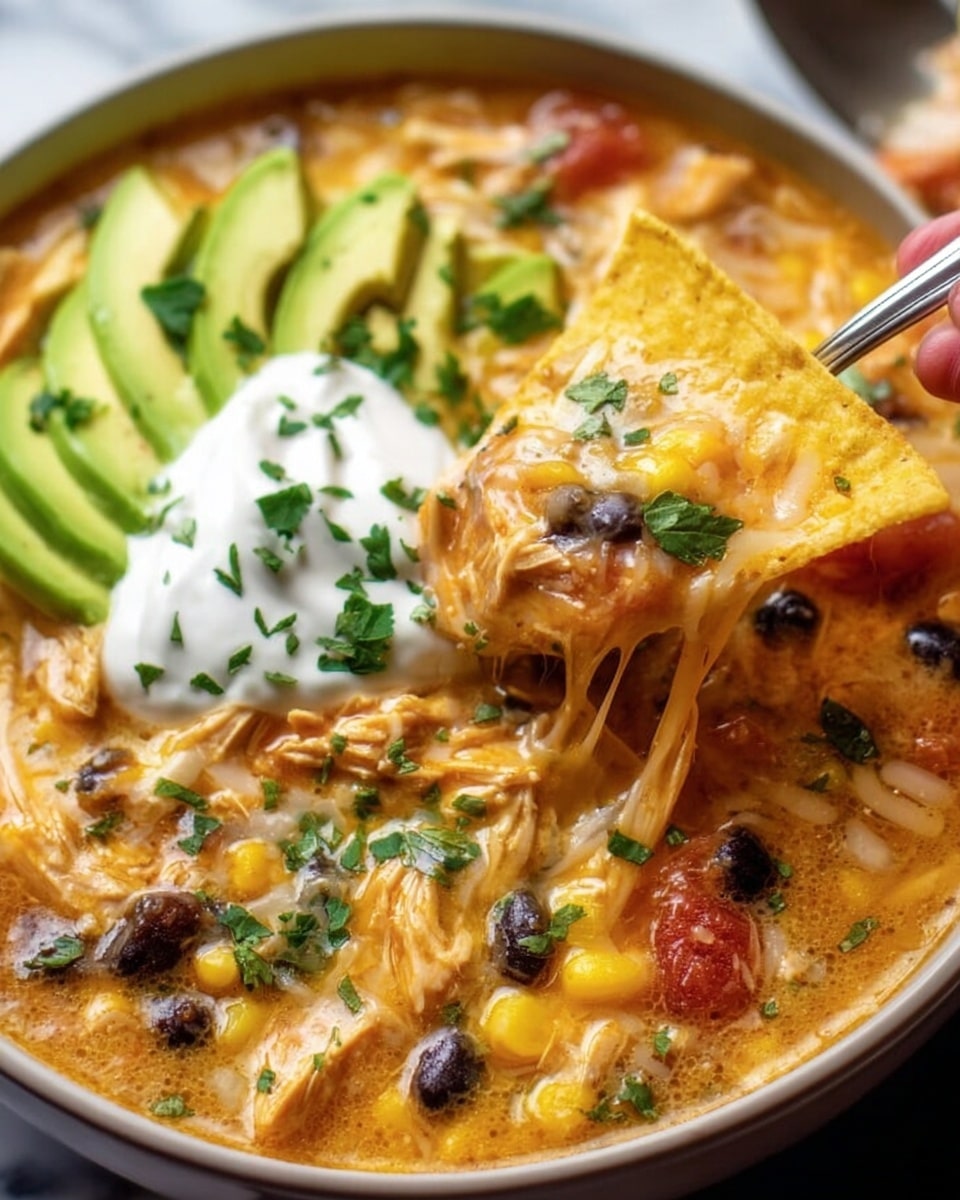 The image shows a close-up of a deep dish filled with creamy, orange-tinted soup that has chunks of chicken, black beans, corn, and tomatoes visible in the thick liquid. On top, there are evenly spread, golden yellow tortilla strips partially submerged, with some strands of melted white cheese pulling up from a spoon scooping the soup. To one side, several bright green avocado slices are stacked, topped with a dollop of white sour cream and small sprigs of chopped green cilantro for garnish. The background is a white marbled texture. photo taken with an iphone --ar 4:5 --v 7