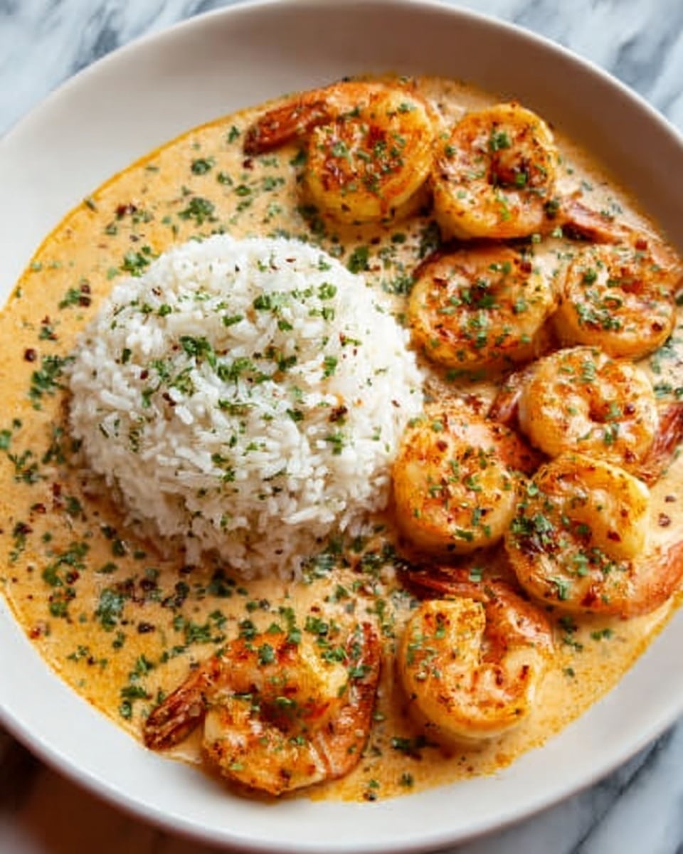 The dish shows a white plate with a pile of white rice on the left side, finely sprinkled with green herbs. On the right side, there are about ten shrimp covered in a creamy orange sauce with herbs scattered on top. The sauce looks smooth and rich, coating the shrimp evenly. The shrimp are arranged in a loose cluster next to the rice, and the plate sits on a white marbled surface. photo taken with an iphone --ar 4:5 --v 7