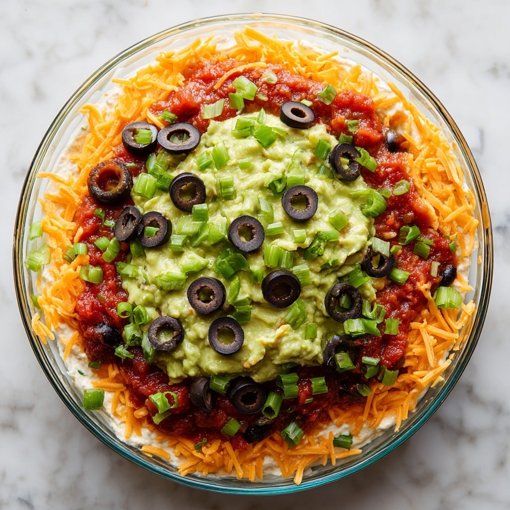 A close-up image of a seven-layer dip in a clear glass dish on a white marbled surface, showing visible layers of cooked beans with tomato pieces at the bottom, followed by a thick layer of bright orange shredded cheese, then a thick middle layer of light green creamy guacamole topped generously with sliced black olives and chopped green onions scattered across the top, detailed with a sprinkle of red seasoning on the guacamole. photo taken with an iphone --ar 4:5 --v 7
