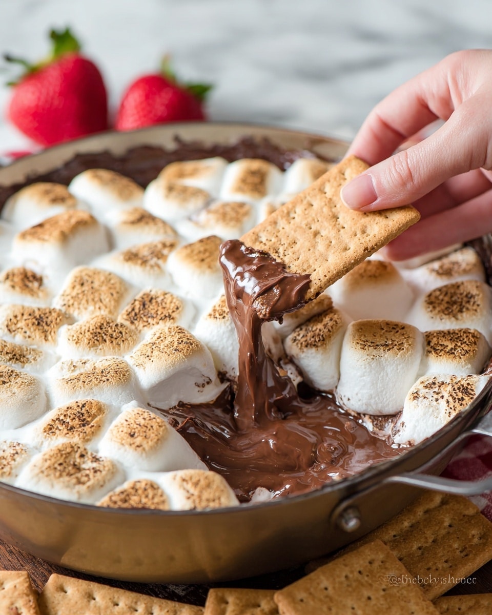 A close-up of a black round pan filled with soft, toasted marshmallows that are golden brown on top, arranged in a tight layer covering melted chocolate beneath. Some chocolate is melted and mixed with the marshmallows near the center and sides, showing gooey dark brown texture. Three white graham crackers are partially dipped into the marshmallow and chocolate mix, one of which is held by a woman's hand with light-colored nails. The pan is placed on a white marbled surface with more graham crackers and a red strawberry nearby. photo taken with an iphone --ar 4:5 --v 7