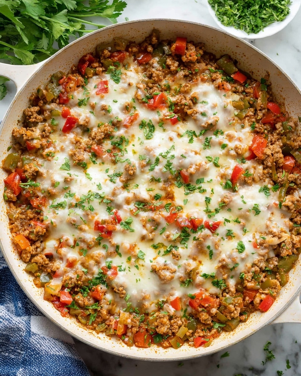 A close-up view of a dish in a white pan showing a single-layer mix of cooked ground meat with diced red and green bell peppers covered unevenly by melted white cheese, sprinkled with small pieces of fresh green herbs. The melted cheese forms a creamy top layer with patches where the meat and vegetables peek through, creating a colorful and textured surface. The pan sits on a white marbled surface with some green herbs visible in the corner. Photo taken with an iphone --ar 4:5 --v 7