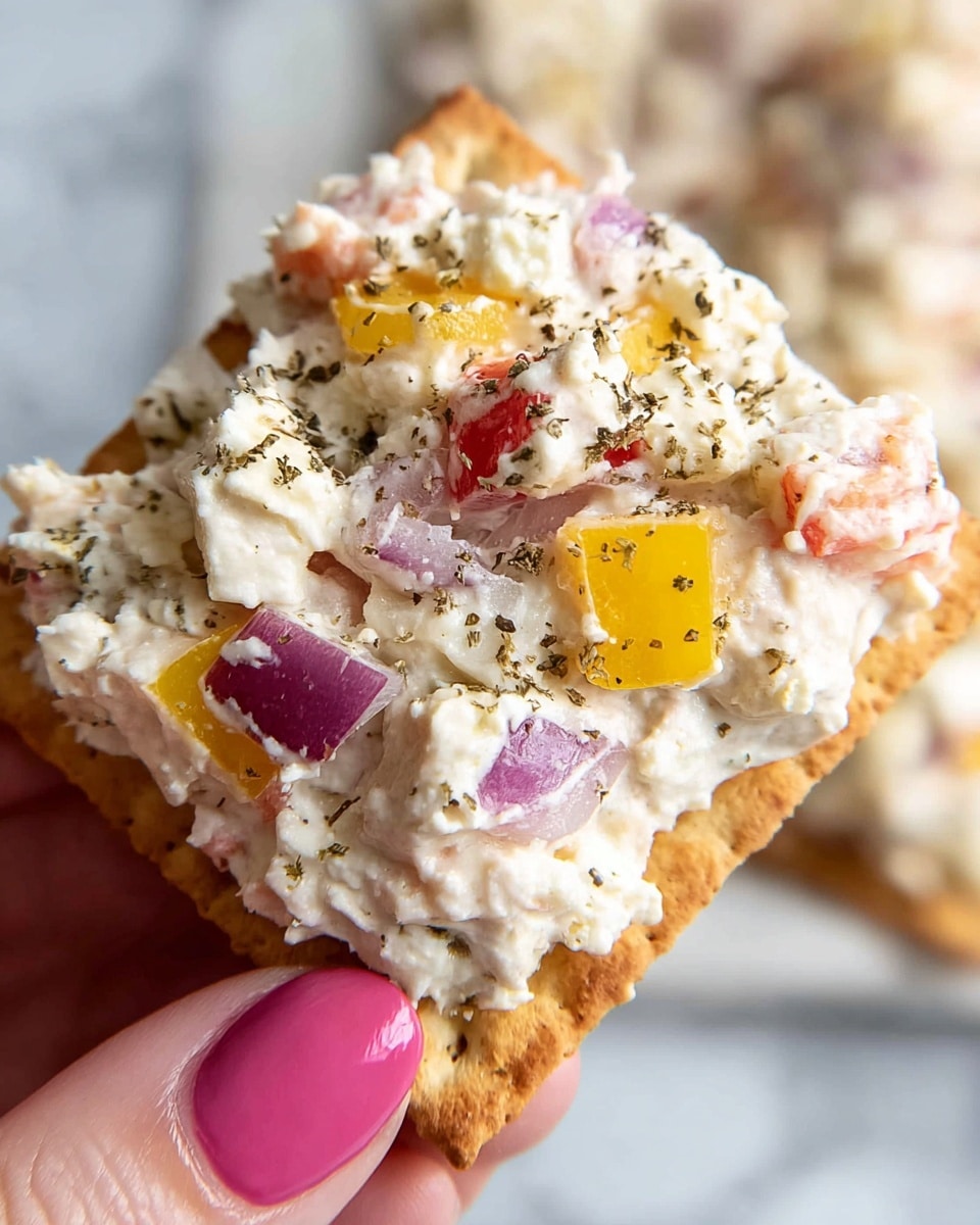 A close-up view of a toasted cracker topped with a creamy white salad mixed with small chunks of orange carrot, red onion, yellow bell pepper, and bits of white cheese, all sprinkled with coarse black pepper. The cracker has a crispy, golden-brown texture, and a woman's hand with pink nail polish decorated with white snowflake patterns is holding it. The background is a white marbled texture with a blurred white bowl holding more of the salad in the distance. Photo taken with an iphone --ar 4:5 --v 7