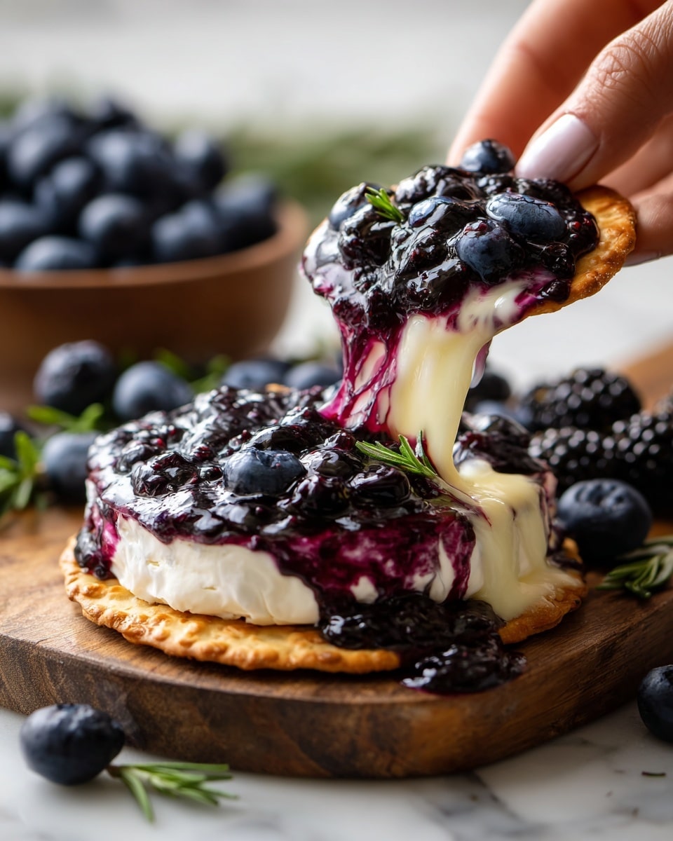 A close-up view shows a white round cracker being lifted by a woman's hand, covered with creamy white melted cheese that is thick, shiny, and stretchy. The cheese layer is mixed with dark purple and black blueberries and blackberry sauce, which adds deep red and dark purple smears and small fruit pieces on top and below the cheese. The background shows a white plate filled with more dark berries, all placed on a white marbled surface. photo taken with an iphone --ar 4:5 --v 7