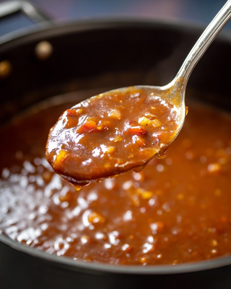 A close-up image of a silver spoon holding a glossy, amber-colored sauce with visible bits of garlic and small red chili flakes, positioned above a black pot filled with the same sauce. The sauce has a smooth, slightly thick texture and a shiny surface that catches the light. The background is softly blurred, focused fully on the spoon and its contents, with a bright, clean look. photo taken with an iphone --ar 4:5 --v 7