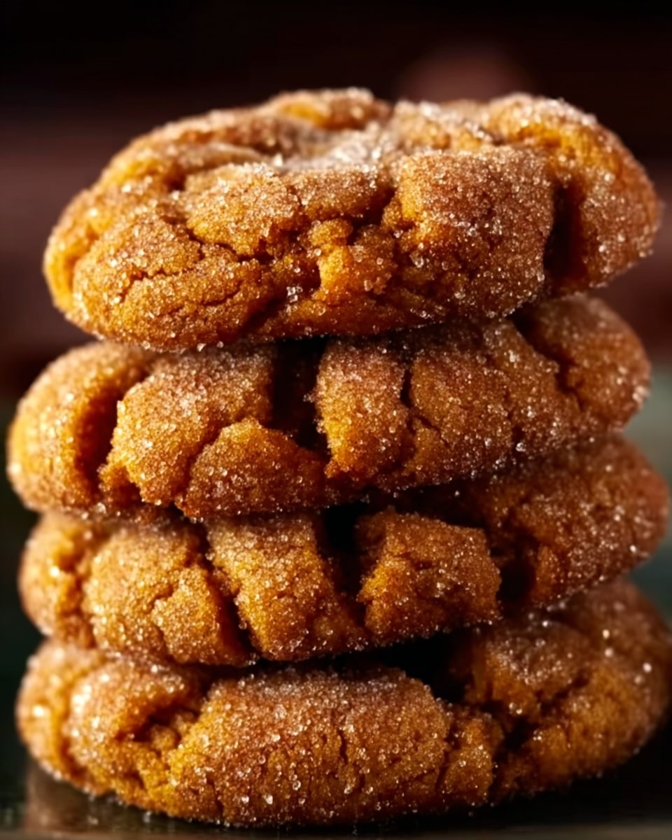 The image shows a close-up of a stack of four soft, deep golden-brown cookies with a cracked surface and covered evenly in granulated sugar, giving them a slightly sparkly look. Each cookie has visible ridges and a rough texture, showing they are chewy inside. The warm, rich brown color contrasts slightly with the sugar coating. The stack is placed against a blurred dark background that highlights the cookies' warm tones. Photo taken with an iphone --ar 4:5 --v 7