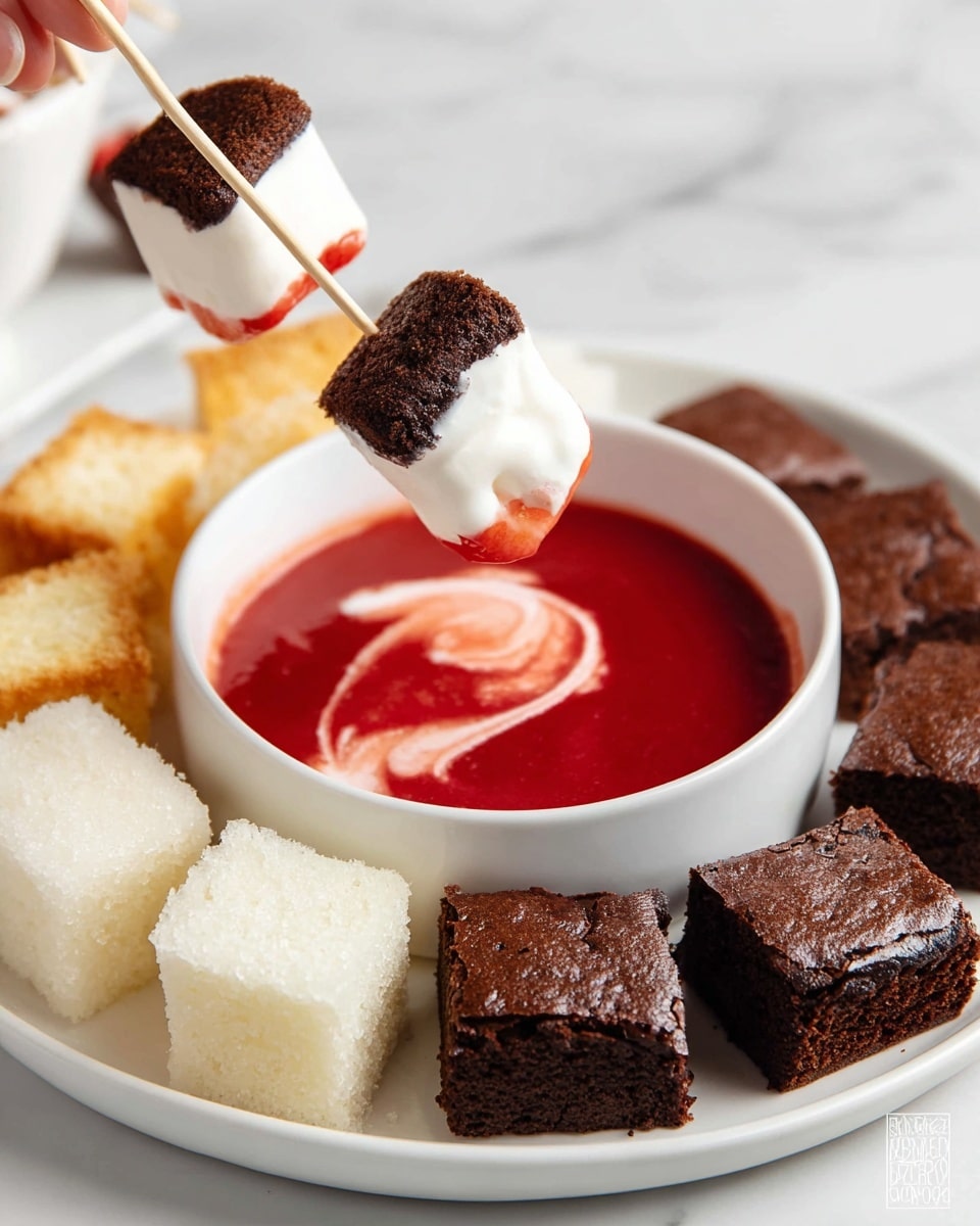 The image shows a white round plate filled with three types of bite-sized cubes arranged around a white ribbed bowl containing a thick red sauce topped with a small swirl of white cream. On the left side, there are soft white bread cubes with golden brown crusts on the bottom edges. On the right side, there are dense, dark brown brownie cubes with a slightly cracked top texture. In the center, a woman's hand holds a skewer with a white marshmallow dipped halfway into the red sauce, giving it a shiny glaze. Another skewer with a brownie cube also dips into the sauce. The plate sits on a white marbled surface, and there are hints of fresh strawberries and banana slices in the blurred background. Photo taken with an iphone --ar 4:5 --v 7