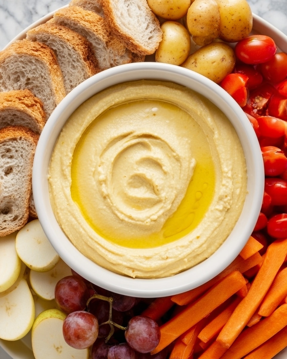 A white bowl filled with smooth, creamy yellow hummus, showing soft swirls and a slight pool of olive oil on top, is placed on a white marbled surface. Surrounding the bowl are layers of sliced light yellow apples, small red cherry tomatoes, bright orange carrot sticks, halved small roasted potatoes with brown skin, and pieces of toasted bread with a golden-brown crust. The colors of the fresh vegetables and fruits contrast with the creamy hummus, creating an inviting and colorful arrangement. photo taken with an iphone --ar 4:5 --v 7