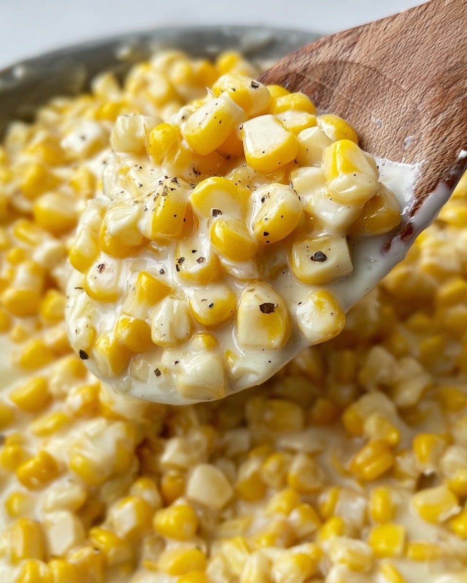 The image shows a close-up of creamy corn mixed with melted cheese and small black pepper specks, all stirred by a wooden spoon. The corn kernels are a mix of bright yellow and pale white, coated in a thick, smooth texture of melted cheese, creating a rich and shiny look. The wooden spoon is lifting a scoop of this creamy mixture, with the background filled entirely with more cheese-coated corn against a white marbled texture. The scene looks fresh and warm as if the dish was just cooked. photo taken with an iphone --ar 4:5 --v 7