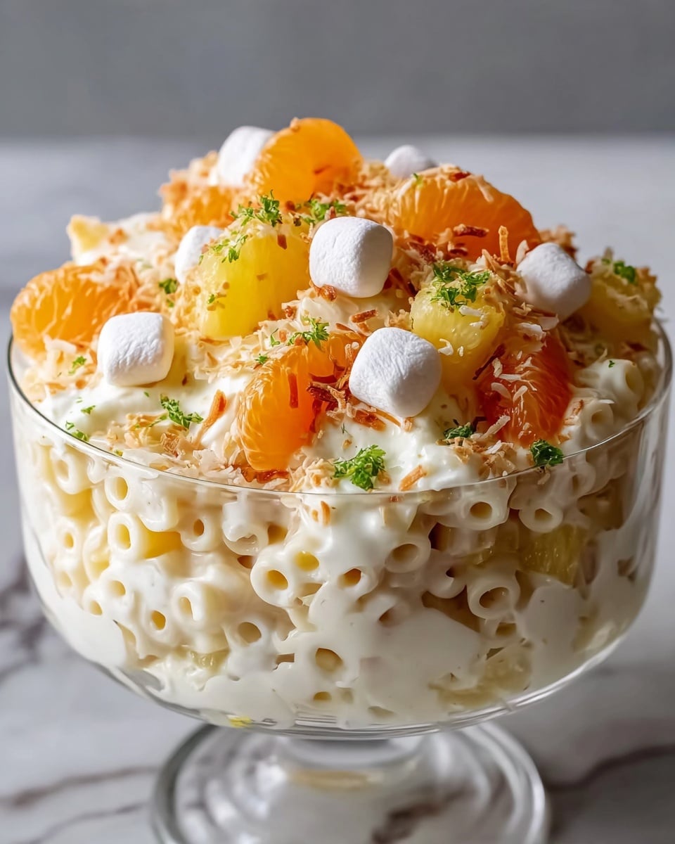 A clear glass bowl filled with a layered dessert. The bottom layer is small white pasta rings mixed with a creamy white sauce. Above this is a layer of white fluffy cream with chunks of light yellow pineapple and bright orange mandarin slices scattered on top. Small white marshmallows and toasted coconut flakes are spread over the top layer, along with small bits of green herb for color. The bowl sits on a white marbled surface. photo taken with an iphone --ar 4:5 --v 7