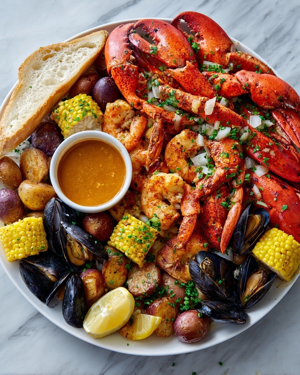 A close-up view of a seafood boil served on a large white tray, showing three main layers: the base layer of orange crab legs and bright red lobster tails, the middle layer of plump shrimp with a light orange color and black mussels, and the top layer of buttered corn on the cob, small boiled potatoes, slices of lemon, and chunks of reddish sausage, all garnished with chopped green herbs and bits of cooked onions. On the left side, there is a sliced piece of white bread and a small bowl with melted butter sauce. The background is a white marbled surface with a whole lemon in a small white bowl. Photo taken with an iphone --ar 4:5 --v 7