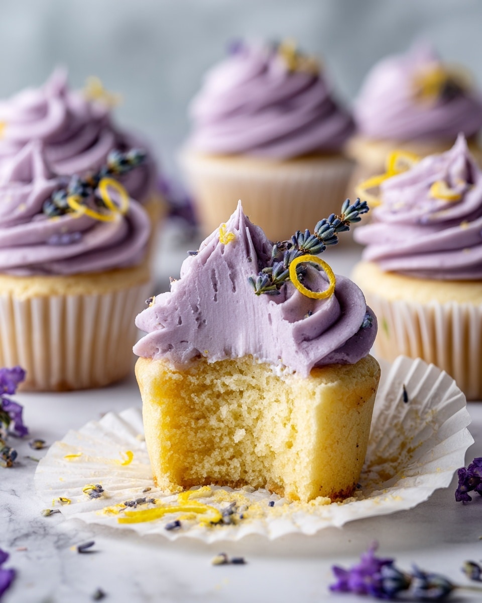 The image shows lemon lavender cupcakes arranged on a white marbled surface with light yellow cake bases in white paper liners; each cupcake is topped with a thick swirl of smooth, light purple lavender frosting. On top of the frosting, there are decorations of small lavender flower sprigs and thin bright yellow lemon peel curls, creating a contrast of colors. One cupcake is cut in half on a white plate, revealing a moist, soft yellow cake inside with the lavender frosting thickly spread on top and topped with a lavender sprig. The overall setting is bright and clean with a close-up view emphasizing the texture and colors of the frosting and toppings. Photo taken with an iphone --ar 4:5 --v 7