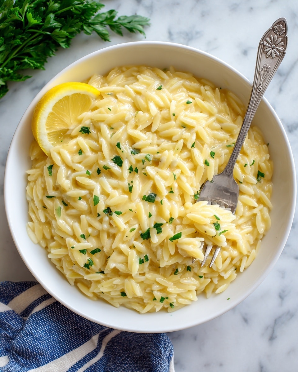 A white speckled bowl holds a creamy orzo pasta dish with a smooth light yellow sauce coating the small, rice-shaped pasta evenly. Scattered finely chopped green herbs sit on top, adding touches of color. A bright yellow lemon slice rests on the left side of the bowl's rim. A silver fork with a patterned handle is partially buried in the orzo toward the right side. The bowl sits on a white marbled surface with some parsley leaves faintly showing in the top left corner. photo taken with an iphone --ar 4:5 --v 7